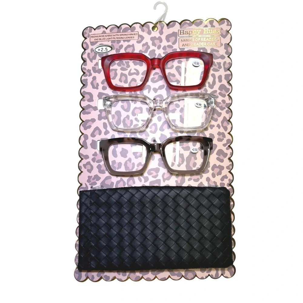 Happy Hues 3 Pack Reading Glasses +2.50 Blue Light Filtering Red Clear Tortoise